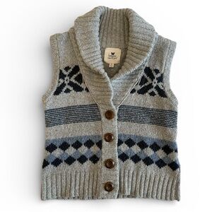 Between Me & You Gray Navy Sweater Vest Cotton/Wool Shawl Collar Button Up M